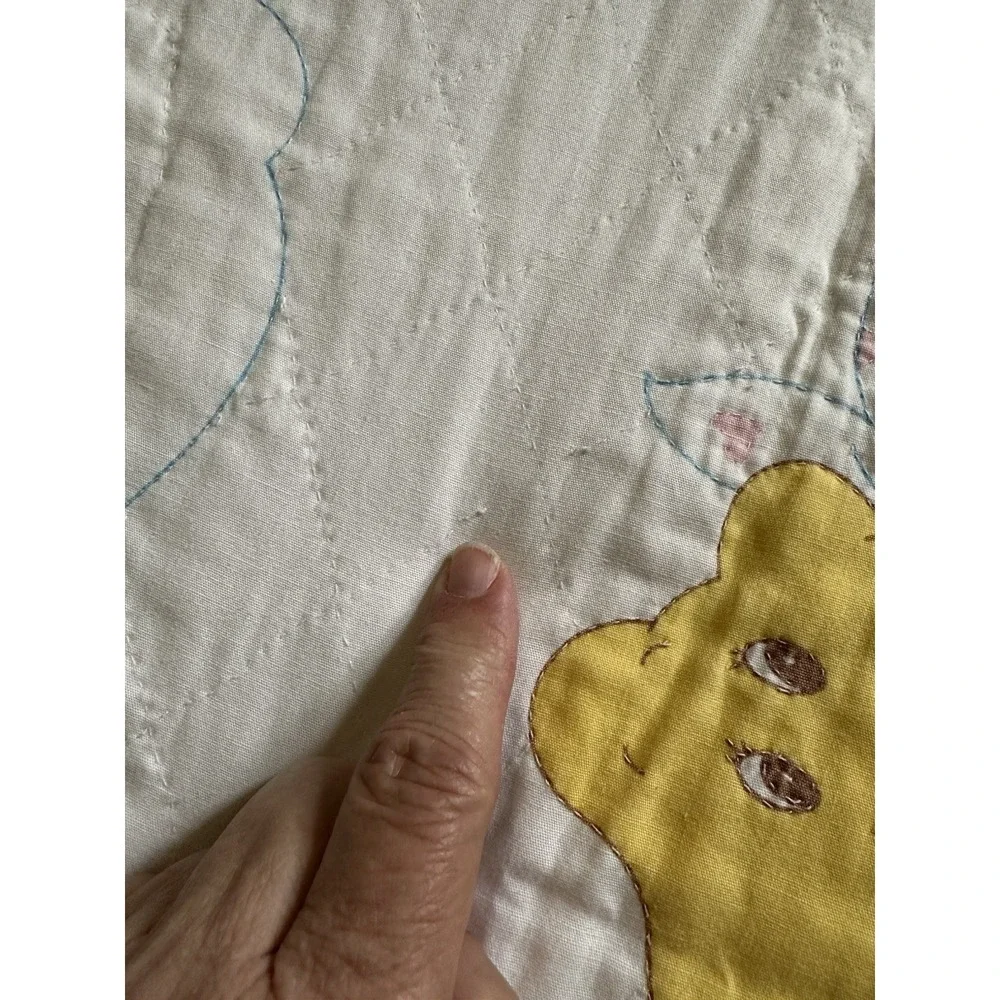 Vtg Care Bears Baby Crib Quilt Handmade 32x43 Nursery Blanket Stars Blue Edge
